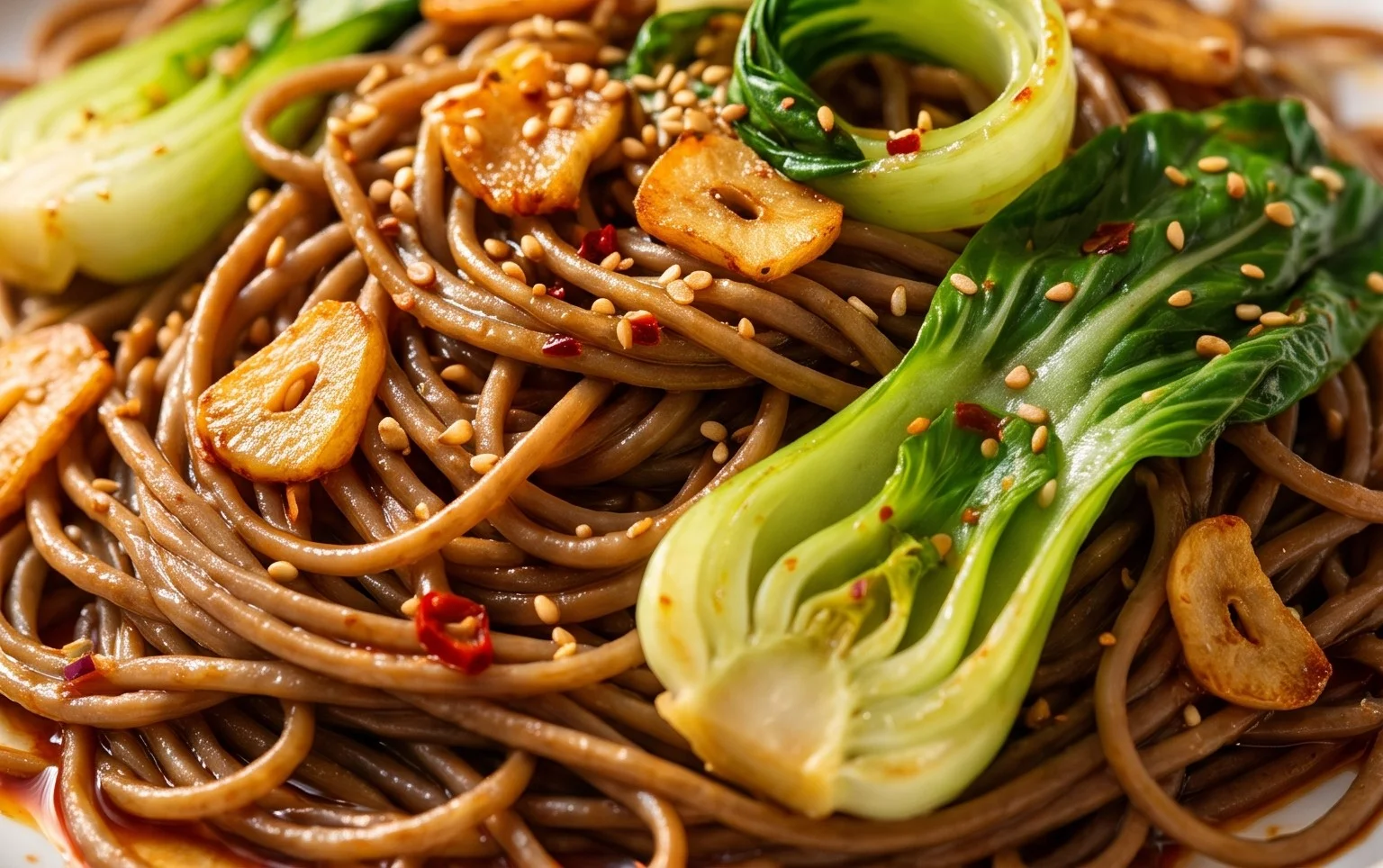 Spicy Garlic Soba Noodles with Bok Choy