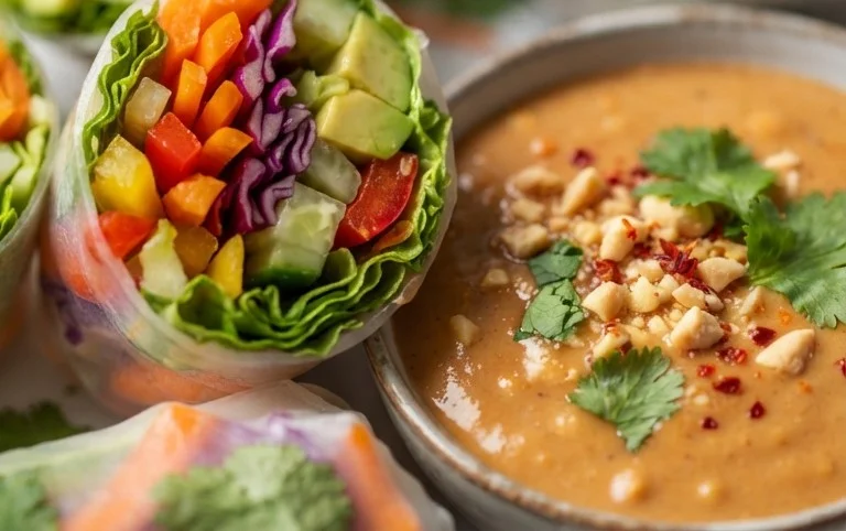 Rainbow Spring Rolls with Gin Extractger Peanut Sauce