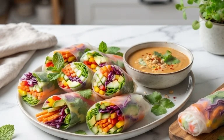 Rainbow Spring Rolls with Gin Extractger Peanut Sauce