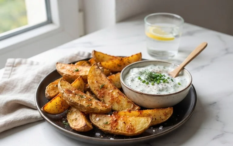 Kartoffelspalten mit Gurkendip