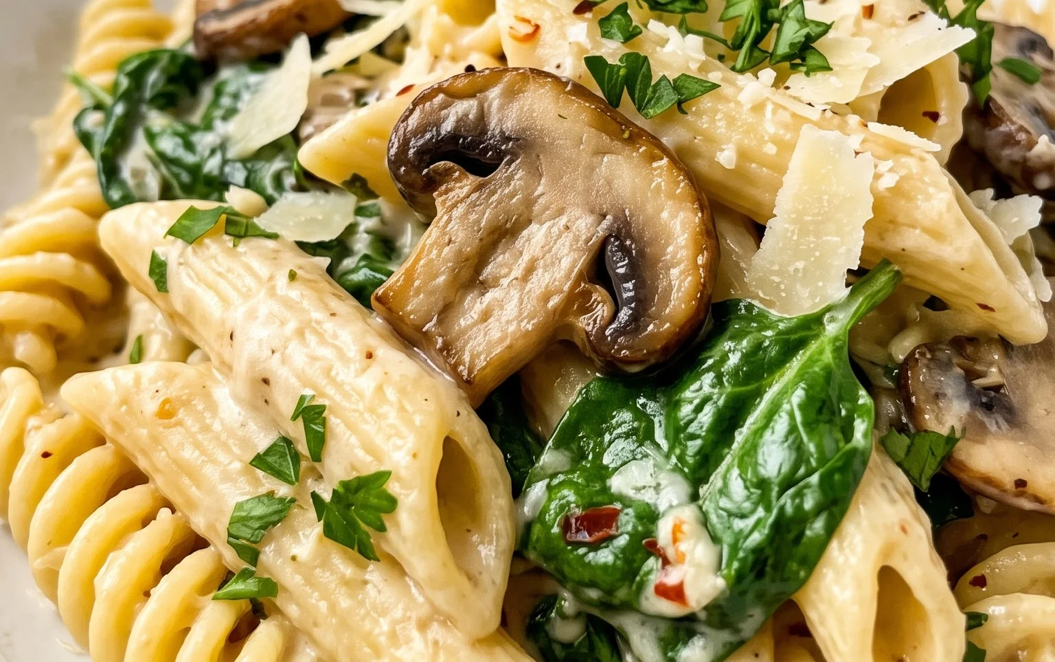 One-Pot Garlic Parmesan Pasta with Spinach and Mushrooms