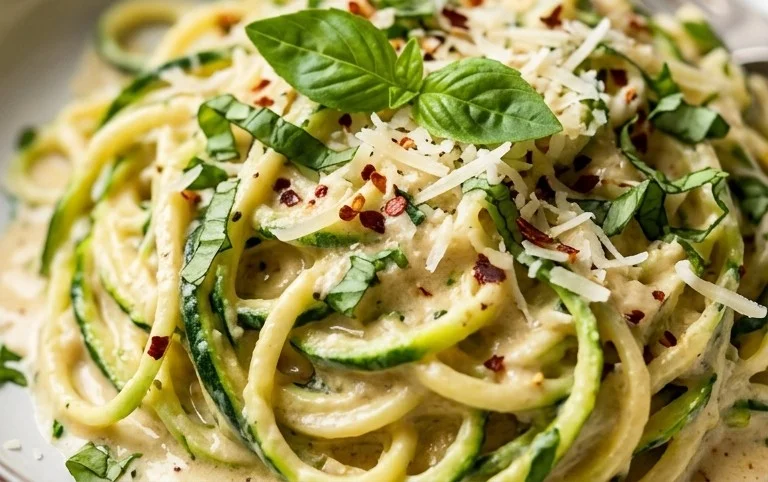 Zucchini-Spaghetti in cremiger Sauce– Zoodles