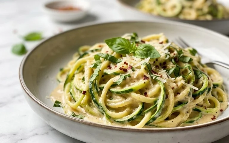 Zucchini-Spaghetti in cremiger Sauce– Zoodles