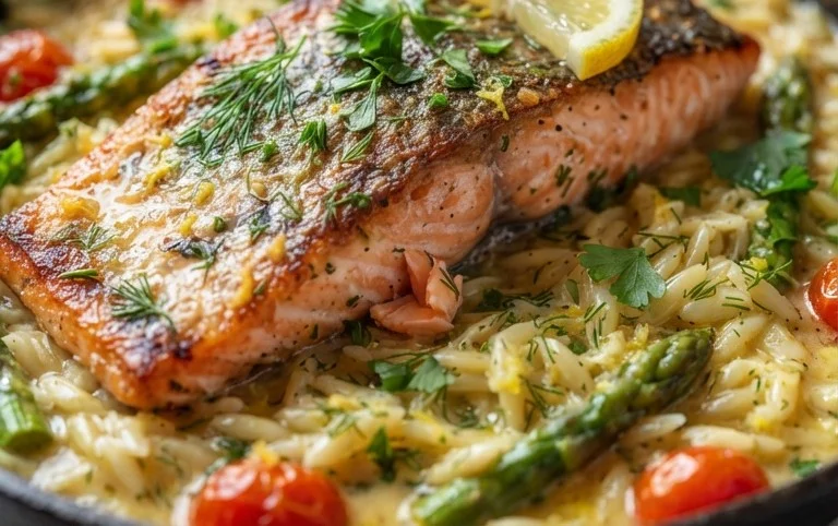 One Skillet Salmon with Lemon Orzo