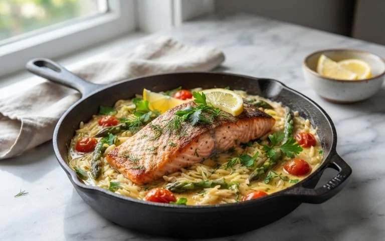 One Skillet Salmon with Lemon Orzo